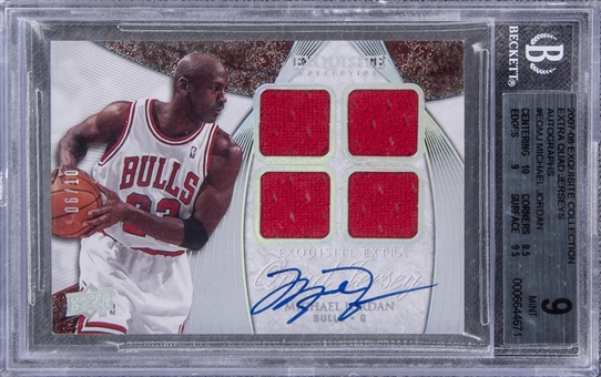 2007-08 UD "Exquisite Collection" Extra Quad Jerseys Autographs #EQMJ Michael Jordan Signed Game Used Patch Card (#06/10) – BGS MINT 9/BGS 10